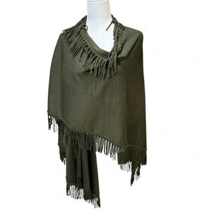 Coldwater Creek Shawl One Size Knit Wrap Fringe Olive Poncho